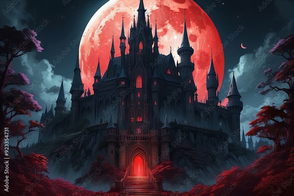 Obraz premium art illustration of a extremely detailed ominous gothic castle at night in an overgrown and magical world