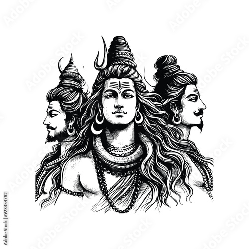 Art & IllustrationLord Shiva illustration, hand drawn black and white Hindu God vector illustration isolated white background