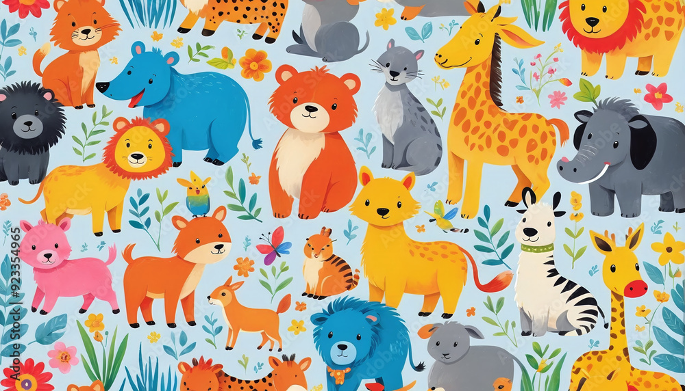 Naklejka premium Illustrative childlike depiction of various cute and friendly animals from nature in bright colors
