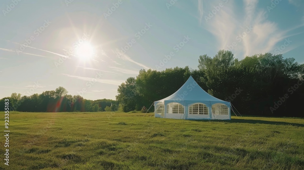 A large white tent stands prominently in a sunlit meadow surrounded by trees, radiating a peaceful and inviting atmosphere under a clear blue sky. A large white tent stands prominently in a sunlit meadow surrounded by trees, radiating a peaceful and inviting atmosphere under a clear blue sky.