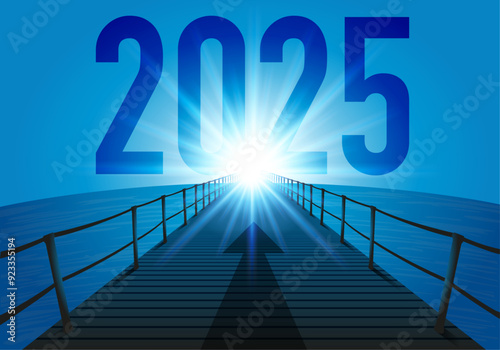 L’année 2025 avec l’objectif à atteindre pour l’avenir d’une entreprise, avec le symbole d’un ponton traversant l’océan en direction du soleil qui brille à l’horizon.