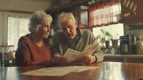 An elderly couple sits at a kitchen table, closely examining documents together in a warm, cozy home environment, indicating attentiveness and mutual support.