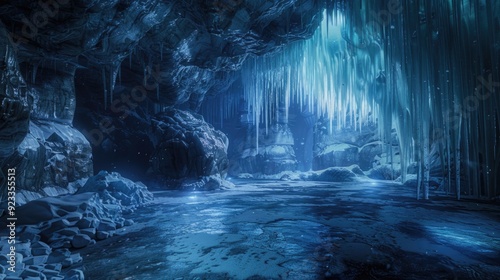 Ice Rock. Inside the Dark Cave: Natural Formation of Ice and Rock Landscape