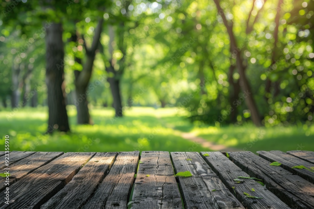 Table Outside. Wooden Table in Forest with Blurred Green Nature Background Table Outside. Wooden Table in Forest with Blurred Green Nature Background