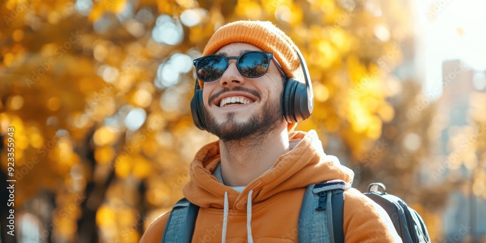 Fototapeta premium Urban Autumn: Man with Backpack and Headphones, Leaning into Fall Season