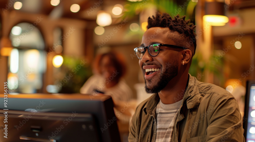 Black man with a big smile, chatting with the receptionist while checking in at the hotel. Black man with a big smile, chatting with the receptionist while checking in at the hotel.