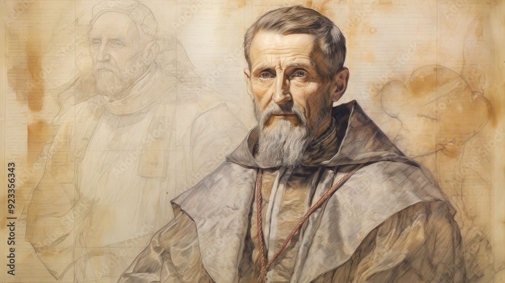 Fototapeta premium Illustration of Reflection of St. Robert Bellarmine in 17th-Century Vatican, Biblical Illustration, Beige Background, Copyspace,Christian banner