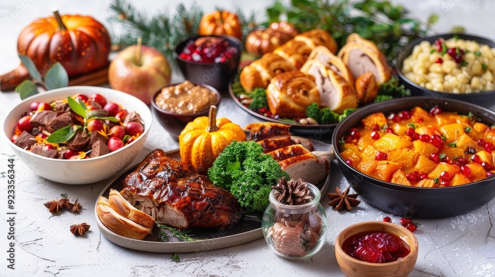 Thanksgiving Dinner Table Setting with Traditional Foods. Thanksgiving Dinner Table Setting with Traditional Foods.
