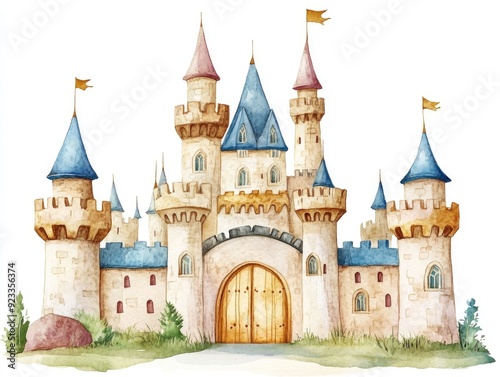 Enchanting Watercolor of a Fantasy Castle with Ornate Golden Gates Showcasing a Majestic Architectural Masterpiece in a Fairytale Inspired Landscape