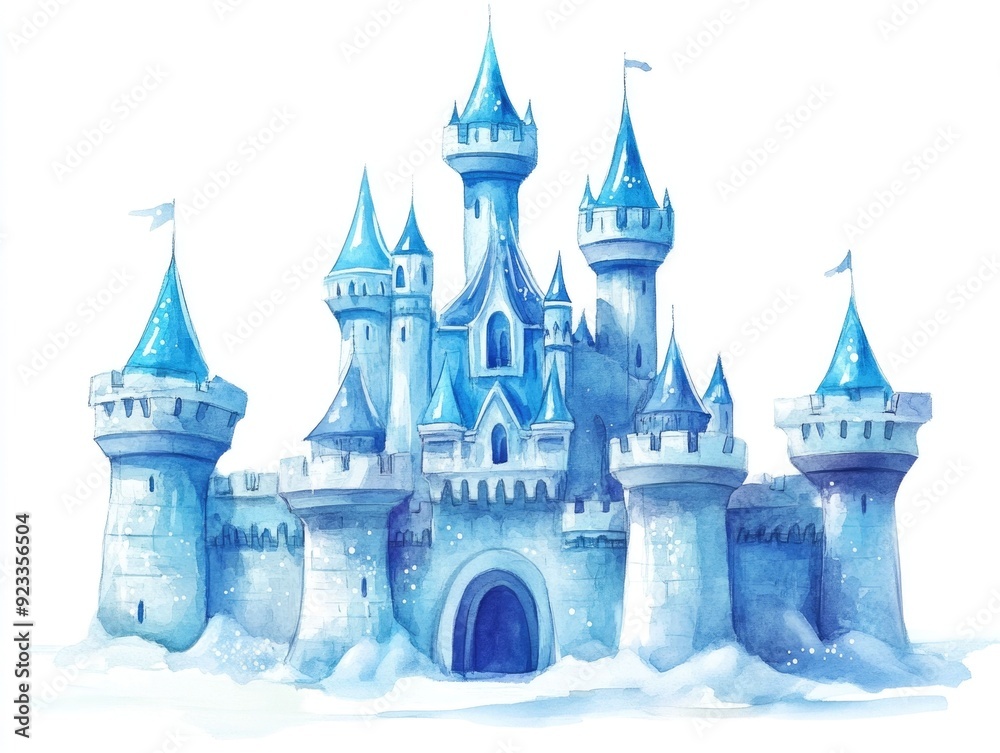 Obraz premium Whimsical watercolor of a fantastical ice castle with sparkling turquoise turrets set against a serene icy landscape The castle s ethereal crystalline design evokes a sense of magical