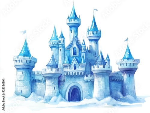 Whimsical watercolor of a fantastical ice castle with sparkling turquoise turrets set against a serene icy landscape  The castle s ethereal crystalline design evokes a sense of magical photo