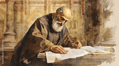 Illustration of Writing of St. Gregory Nazianzus in 4th-Century Church, Biblical Illustration, Beige Background, Copyspace,Christian banner