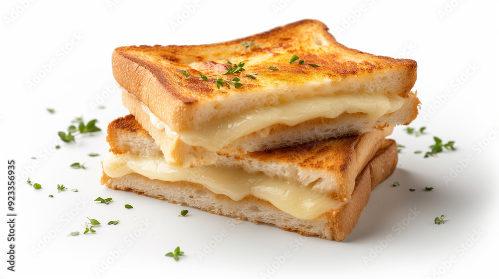 Classic French croque monsieur, with bechamel sauce and melted cheese, layered between slices of crispy, golden toast, on a white background. Classic French croque monsieur, with bechamel sauce and melted cheese, layered between slices of crispy, golden toast, on a white background.