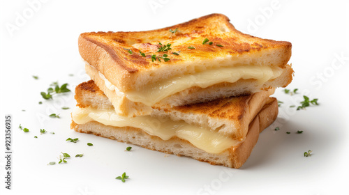 Classic French croque monsieur, with bechamel sauce and melted cheese, layered between slices of crispy, golden toast, on a white background.