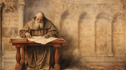Illustration of Writing of St. Albert the Great at 13th-Century University, Biblical Illustration, Beige Background, Copyspace,Christian banner
