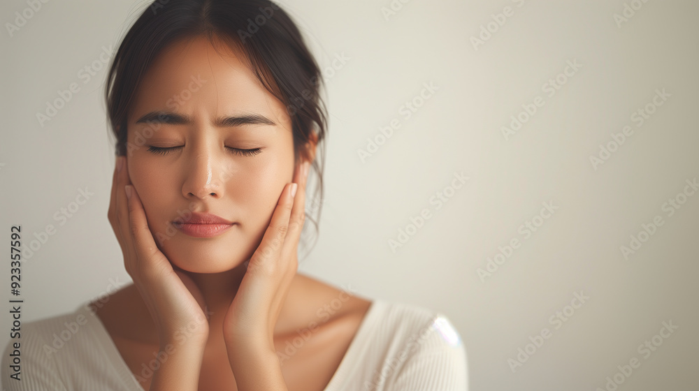 A young Asian woman with closed eyes, holding both cheeks, and have a toothache. She is wearing a light-colored top. A young Asian woman with closed eyes, holding both cheeks, and have a toothache. She is wearing a light-colored top.
