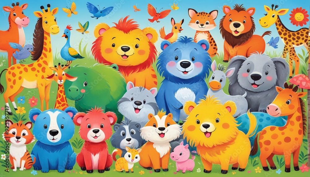 Naklejka premium Illustrative childlike depiction of various cute and friendly animals from nature in bright colors