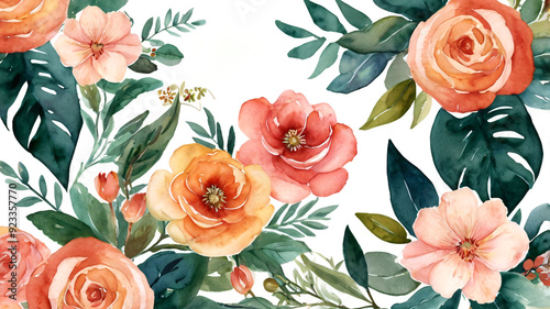 Wallpaper Mural Beautiful seamless vector floral pattern, spring summer background with tropical flowers, palm leaves, jungle leaf, hibiscus, bird of paradise flower. Exotic wallpaper, Hawaiian style and watercolor Torontodigital.ca