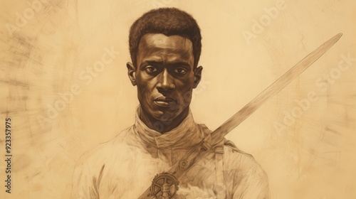 Illustration of Martyrdom of St. Charles Lwanga in 19th-Century Uganda, Biblical Illustration, Beige Background, Copyspace,Christian banner photo