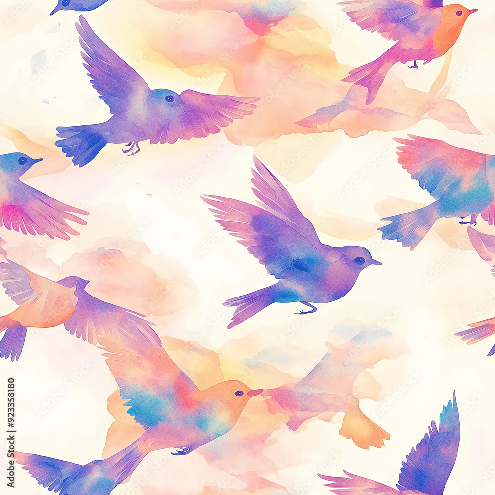 A dreamy seamless pattern with pastel birds in flight against a watercolor sky, capturing a serene and whimsical atmosphere ideal for creative designs. A dreamy seamless pattern with pastel birds in flight against a watercolor sky, capturing a serene and whimsical atmosphere ideal for creative designs.