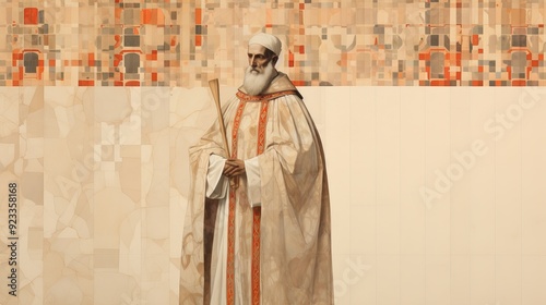 Illustration of Bishop's Robes of St. Hugh of Lincoln in 12th-Century English Cathedral, Biblical Illustration, Beige Background, Copyspace,Christian banner photo