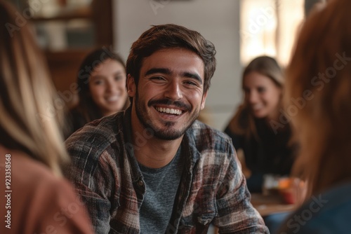 Addiction Specialist. Spanish Man Healer Talking with Teenagers Friends during Meeting