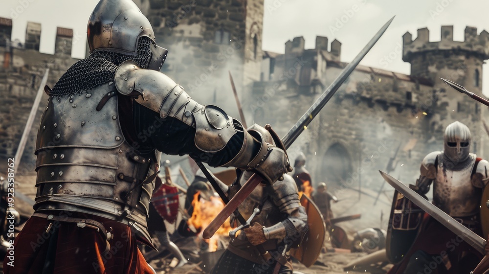 Naklejka premium Battle-ready knights in shining armor clash fiercely at the gates of a medieval castle, surrounded by the intensity and chaos of combat.
