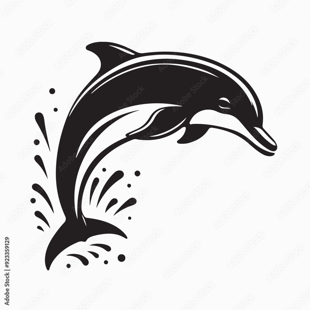 A classic black and white illustration of a playful dolphin leaping from stylized waves. A classic black and white illustration of a playful dolphin leaping from stylized waves.
