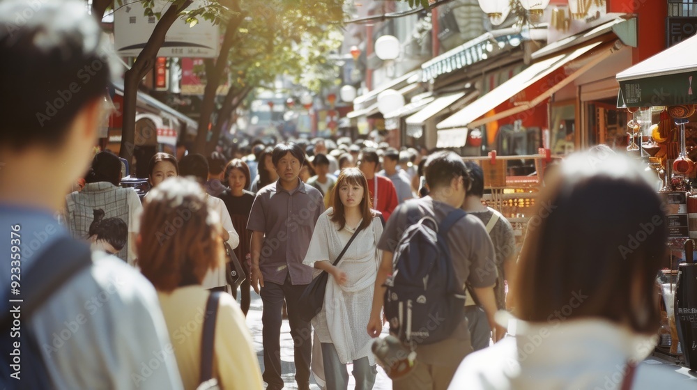 Fototapeta premium A bustling street market, people walking amongst vibrant shops and stands under the warm sunlight.