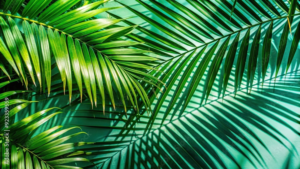 Obraz premium Palm tropical leaves shadow overlay on background, palm, tropical, leaves, shadow, overlay,background, nature, greenery
