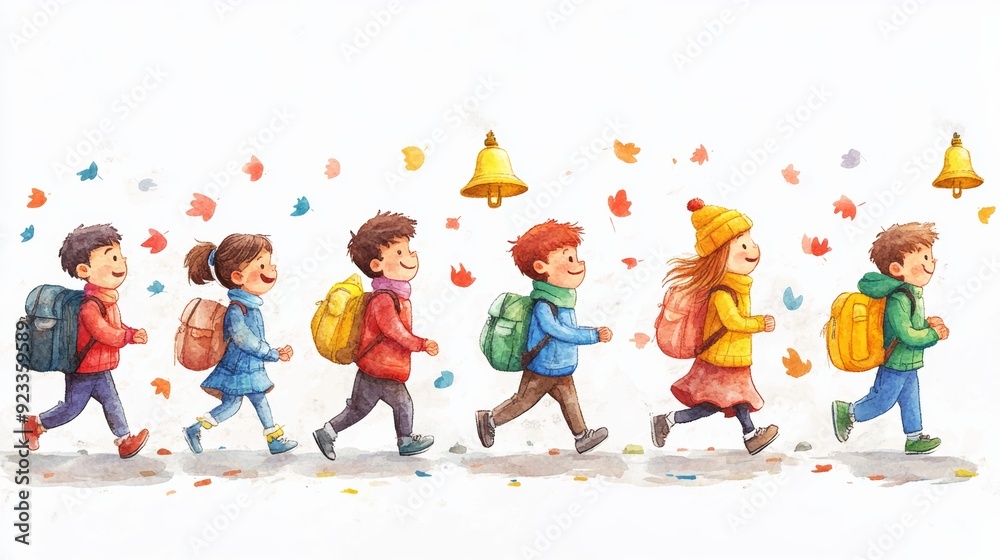Fototapeta premium Cheerful children walking in a row with backpacks, surrounded by colorful falling leaves and autumn atmosphere.
