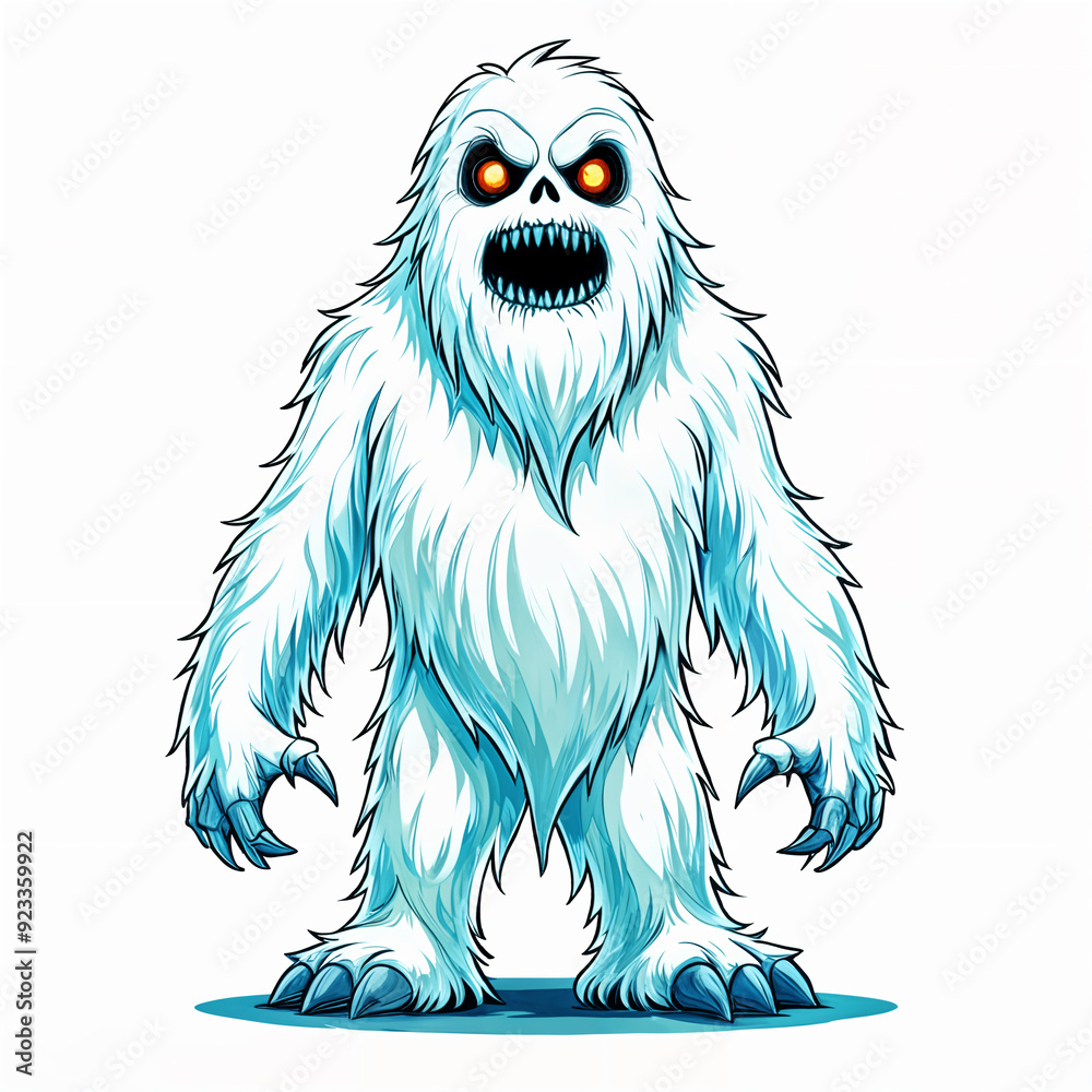 Obraz premium Cartoon depiction of a large, white creature with sharp teeth and claws, standing on two legs against a plain background.