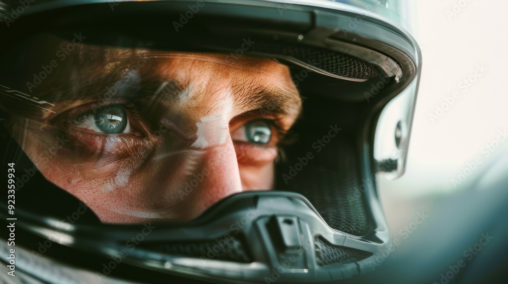 Close-up of a person in a helmet, eyes reflecting determination and focus, ready for a thrilling ride or race. Close-up of a person in a helmet, eyes reflecting determination and focus, ready for a thrilling ride or race.