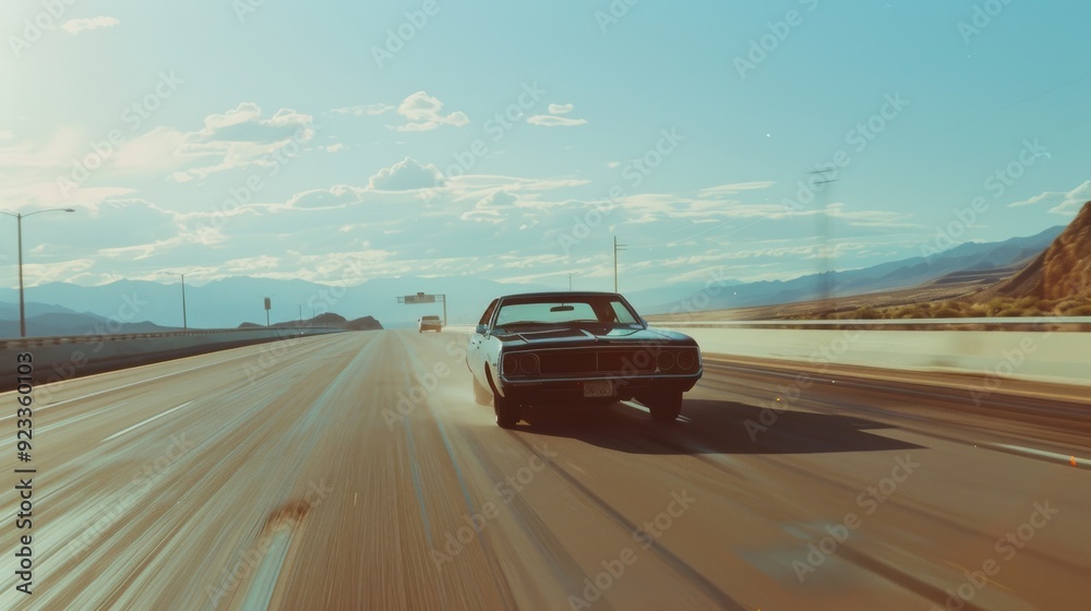 Obraz premium A classic car speeds along a deserted highway under a vast, sunlit sky, symbolizing the thrill of freedom and the open road.