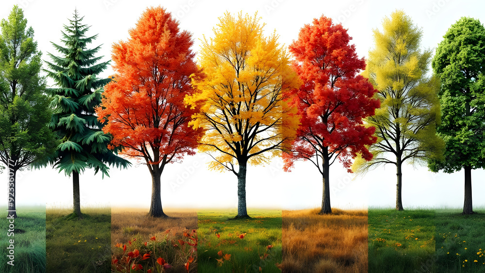 Naklejka premium Beautiful Trees in Different Colors and Varieties - Vibrant and Diverse Tree Collection, different colors, tree varieties, vibrant trees, diverse trees.
