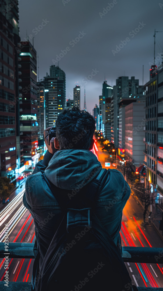 A photographer stands on a rooftop capturing the vibrant city lights during twilight in an urban environment A photographer stands on a rooftop capturing the vibrant city lights during twilight in an urban environment