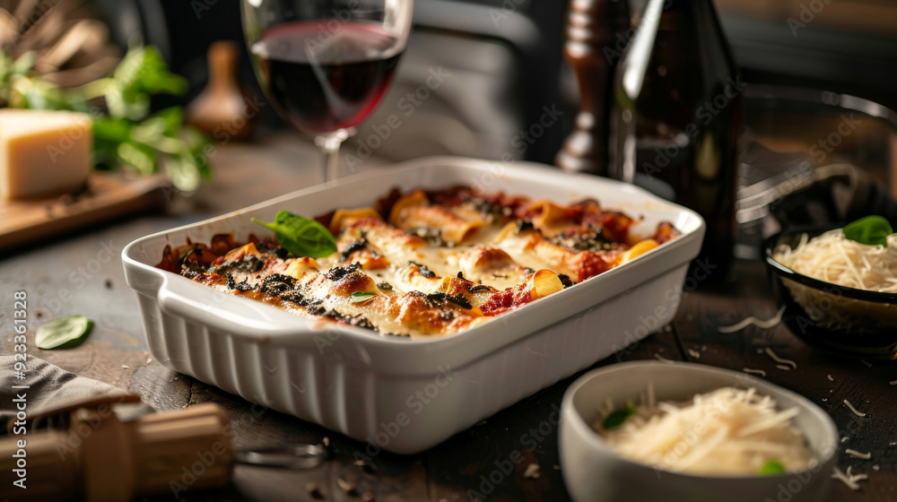 Indulge in a gourmet presentation of Spinach and Ricotta Cannelloni, with homemade cannelloni pasta elegantly filled with a rich mixture of spinach and ricotta cheese Indulge in a gourmet presentation of Spinach and Ricotta Cannelloni, with homemade cannelloni pasta elegantly filled with a rich mixture of spinach and ricotta cheese