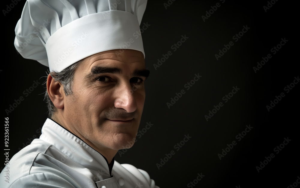 Professional Chef. Portrait male chef with cook hat, white uniform. Portrait of an old Italian or French chef, standing in the kitchen, restaurant, cooking class, cooking school. Realistic style photo Professional Chef. Portrait male chef with cook hat, white uniform. Portrait of an old Italian or French chef, standing in the kitchen, restaurant, cooking class, cooking school. Realistic style photo