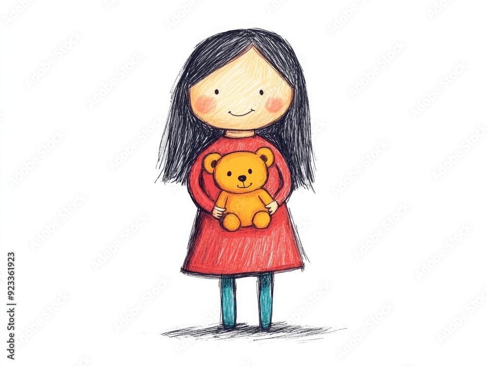 Minimalist Stick Figure Drawing of a Young Girl Embracing a Soft Teddy Bear Toy Against a Clean White Background Representing Childhood Friendship and Unconditional Love Minimalist Stick Figure Drawing of a Young Girl Embracing a Soft Teddy Bear Toy Against a Clean White Background Representing Childhood Friendship and Unconditional Love