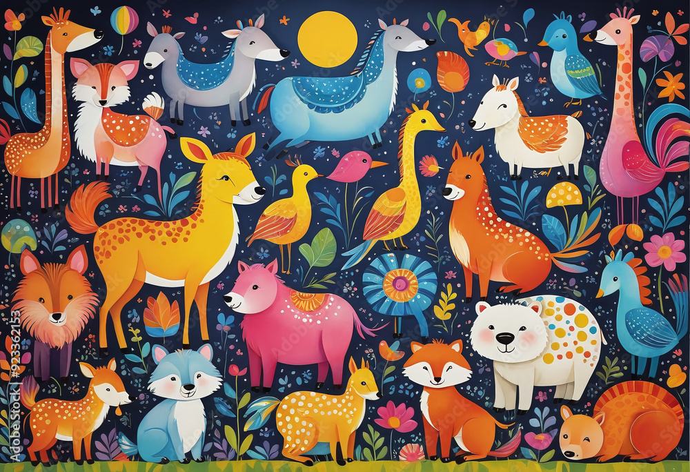 Naklejka premium Illustrative childlike depiction of various cute and friendly animals from nature in bright colors