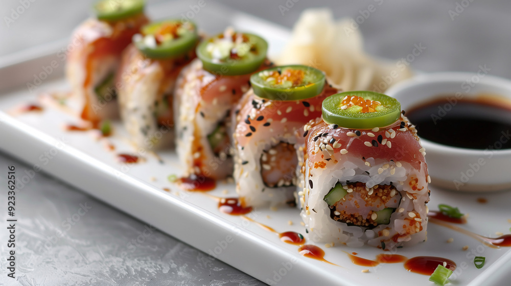 a spicy tuna roll, garnished with Sriracha mayo, sesame seeds, and thin slices of jalapeño, set on a sleek, white ceramic plate with soy sauce on the side a spicy tuna roll, garnished with Sriracha mayo, sesame seeds, and thin slices of jalapeño, set on a sleek, white ceramic plate with soy sauce on the side