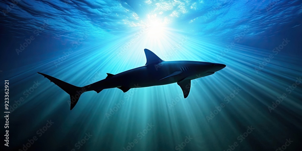 Obraz premium Shark silhouette in the depths of the ocean, predator, underwater, marine life, silhouette, aquatic, ocean, danger, fins