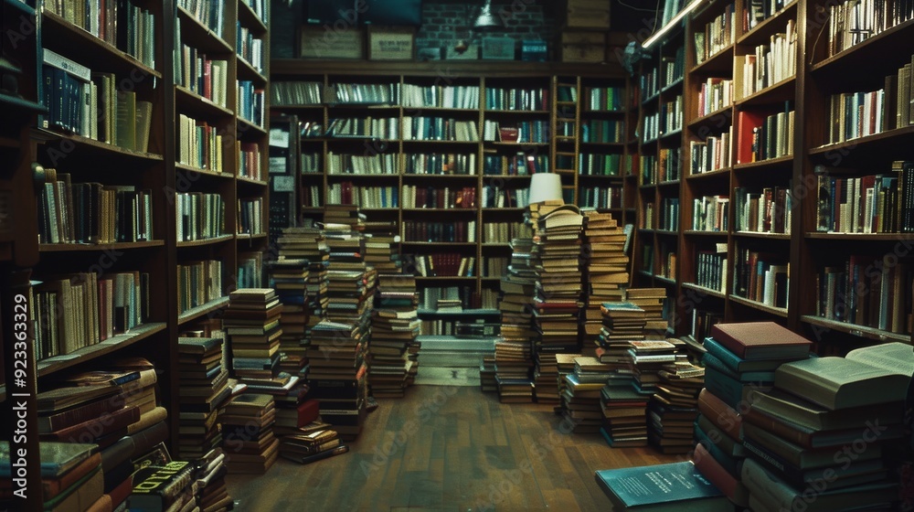 A cozy, cluttered bookstore with floors and shelves densely packed with books, exuding an atmosphere of literary charm. A cozy, cluttered bookstore with floors and shelves densely packed with books, exuding an atmosphere of literary charm.