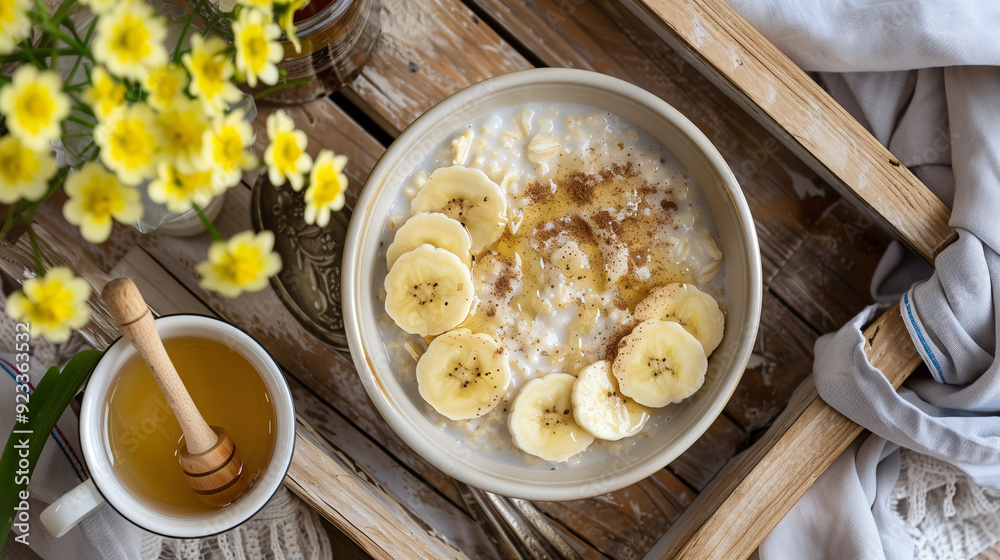 a bowl of creamy oatmeal, topped with sliced bananas, a sprinkle of cinnamon, and a drizzle of honey, set on a cozy breakfast tray with a small vase of flowers and a cup of herbal tea a bowl of creamy oatmeal, topped with sliced bananas, a sprinkle of cinnamon, and a drizzle of honey, set on a cozy breakfast tray with a small vase of flowers and a cup of herbal tea