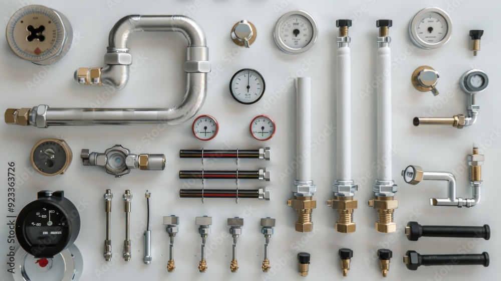 A variety of mechanical and plumbing tools meticulously arranged on a white background exemplify organization and utility. A variety of mechanical and plumbing tools meticulously arranged on a white background exemplify organization and utility.