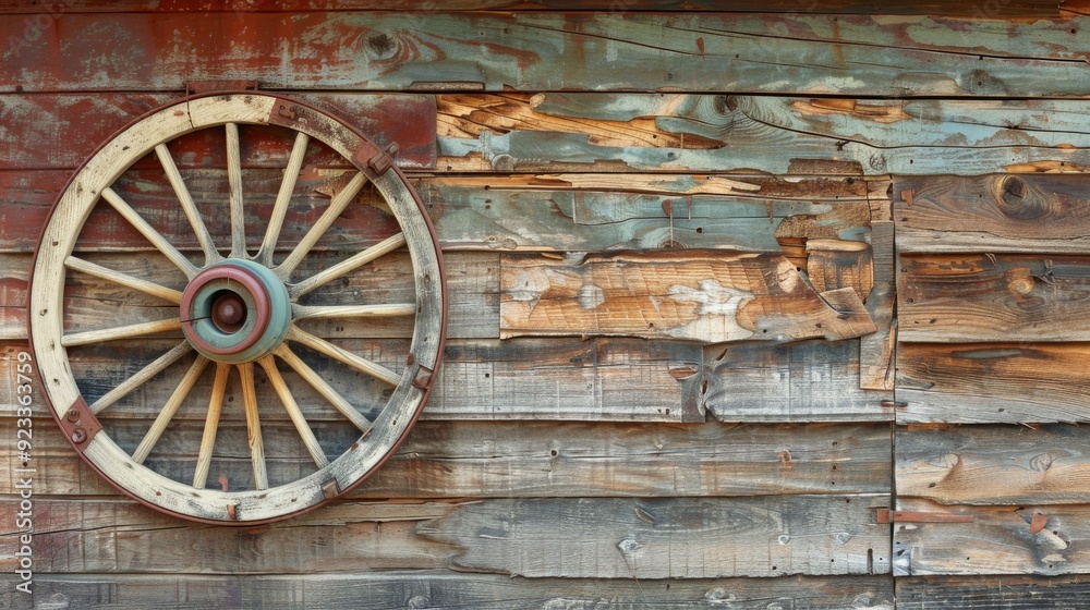 An old wooden wagon wheel mounted on a weathered, multicolored wooden wall, telling tales of history and rustic charm. An old wooden wagon wheel mounted on a weathered, multicolored wooden wall, telling tales of history and rustic charm.