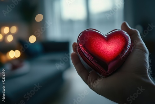 Close-up of a hand holding a red heart-shaped box, with a blurred living room background and bokeh lights, creating a Valentine's Day concept.