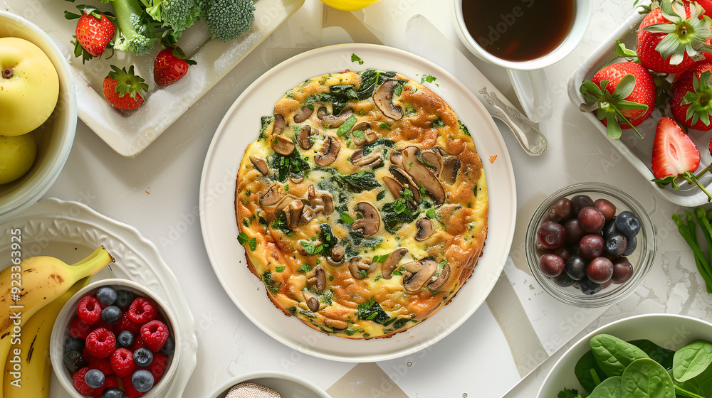 a breakfast spread featuring mushroom and spinach frittata, fresh fruit, and a cup of coffee, set on a bright and airy kitchen table a breakfast spread featuring mushroom and spinach frittata, fresh fruit, and a cup of coffee, set on a bright and airy kitchen table