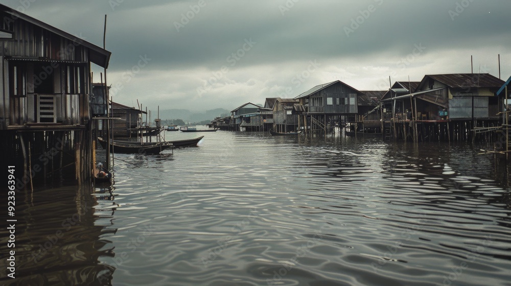 Rustic stilt houses stand over calm water under a moody sky, creating a serene yet melancholic coastal scene. Rustic stilt houses stand over calm water under a moody sky, creating a serene yet melancholic coastal scene.