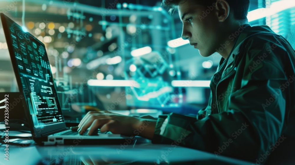Focused young man working on a laptop in a futuristic, neon-lit environment, surrounded by holographic data displays. Focused young man working on a laptop in a futuristic, neon-lit environment, surrounded by holographic data displays.